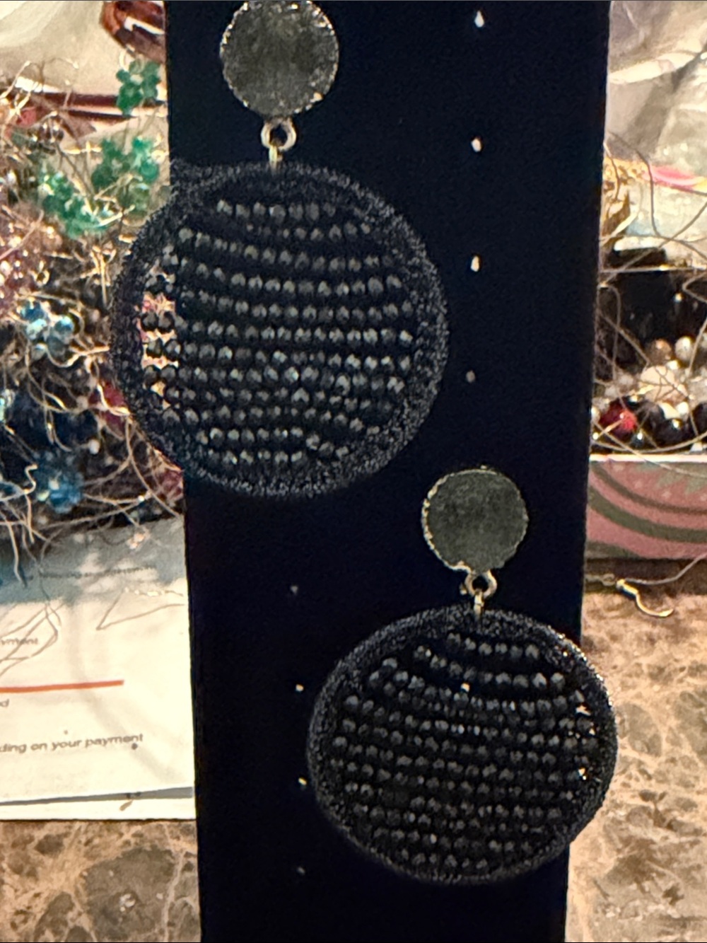 Druzy Top & Black Beaded Hoop Drop pierced Earrings